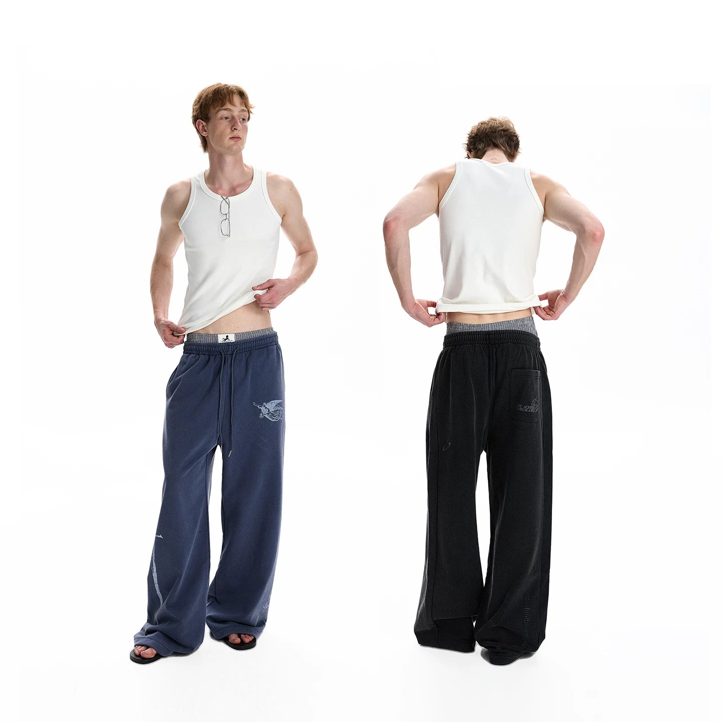 A PUEE American retro washed vintage printed casual bathroom pants for couples, stylish and loose straight leg floor length pants