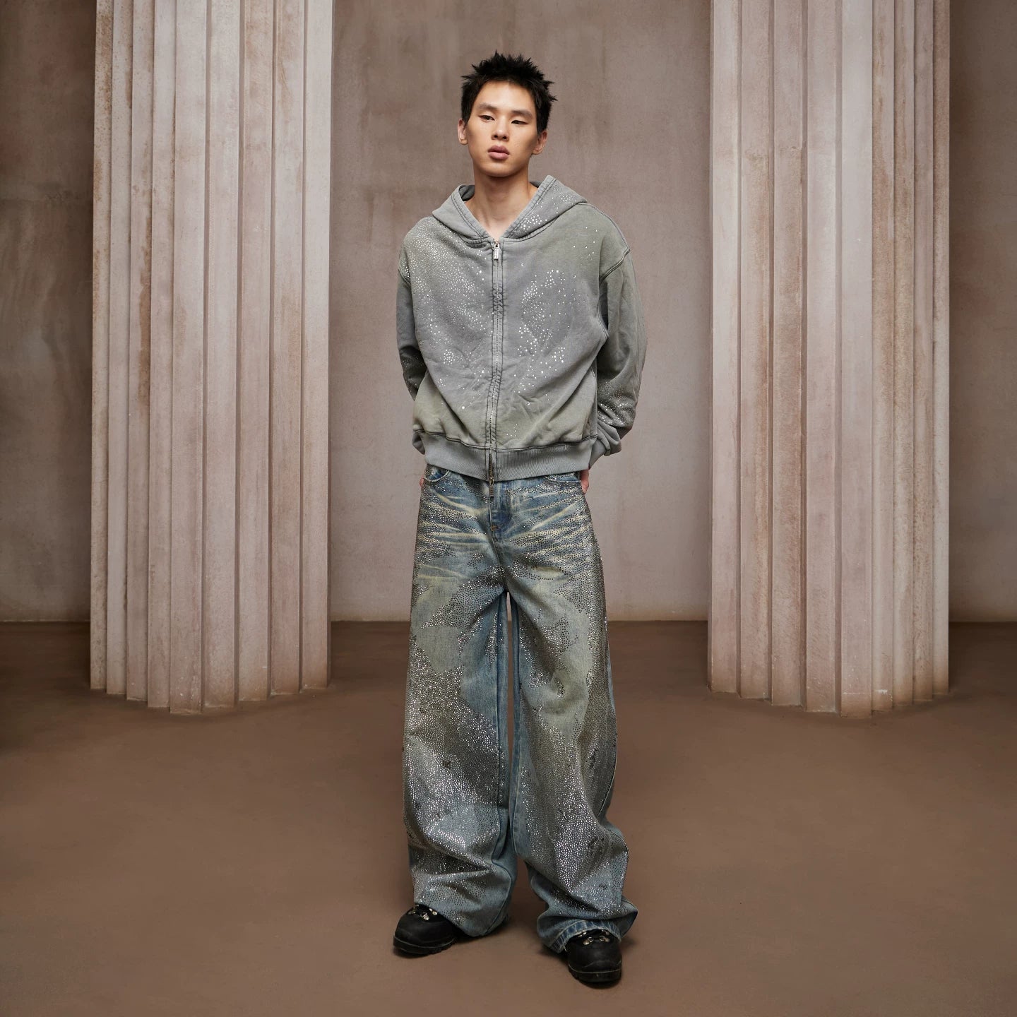 DND4DES Ding Yuxi Same Style American Heavy Industry Wash Dirty Stained Starry Sky Cross Color Hot Drilled Straight leg Jeans