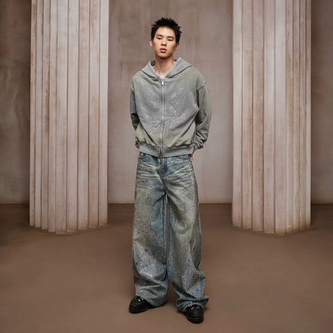 DND4DES Ding Yuxi Same Style American Heavy Industry Wash Dirty Stained Starry Sky Cross Color Hot Drilled Straight leg Jeans