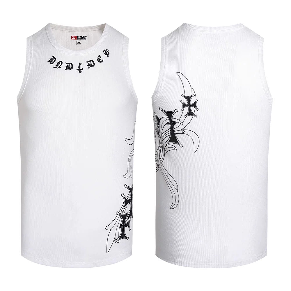 DND4DES Deng Kai Same Style American Street Hip Hop Tight Elastic Honeysuckle Cross Printed Tank Top Multi Color