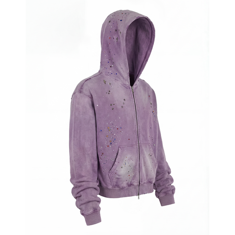 Wang Lujie's same DND4DES original design, starry sky hot stamping, water washing, zipper breaking, hooded sweatshirt jacket