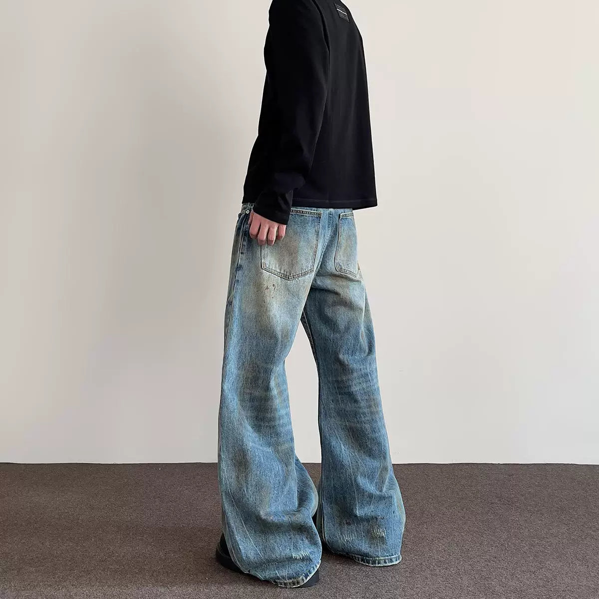 A PUEE American retro street distressed distressed jeans men's trendy straight leg slightly flared cleanfit curved knife pants