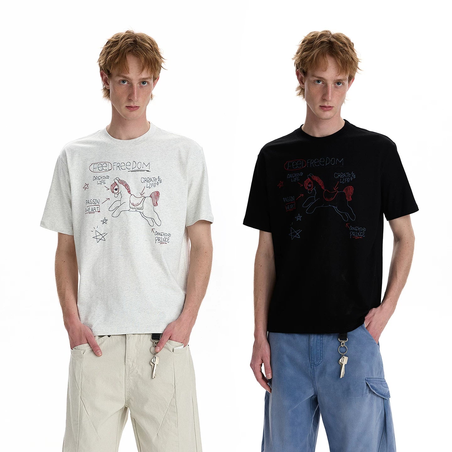 A PUEE Retro Casual Year of the Horse Line Embroidered Short Sleeve T-shirt Boxy Version Short Style Versatile Couple Top Summer
