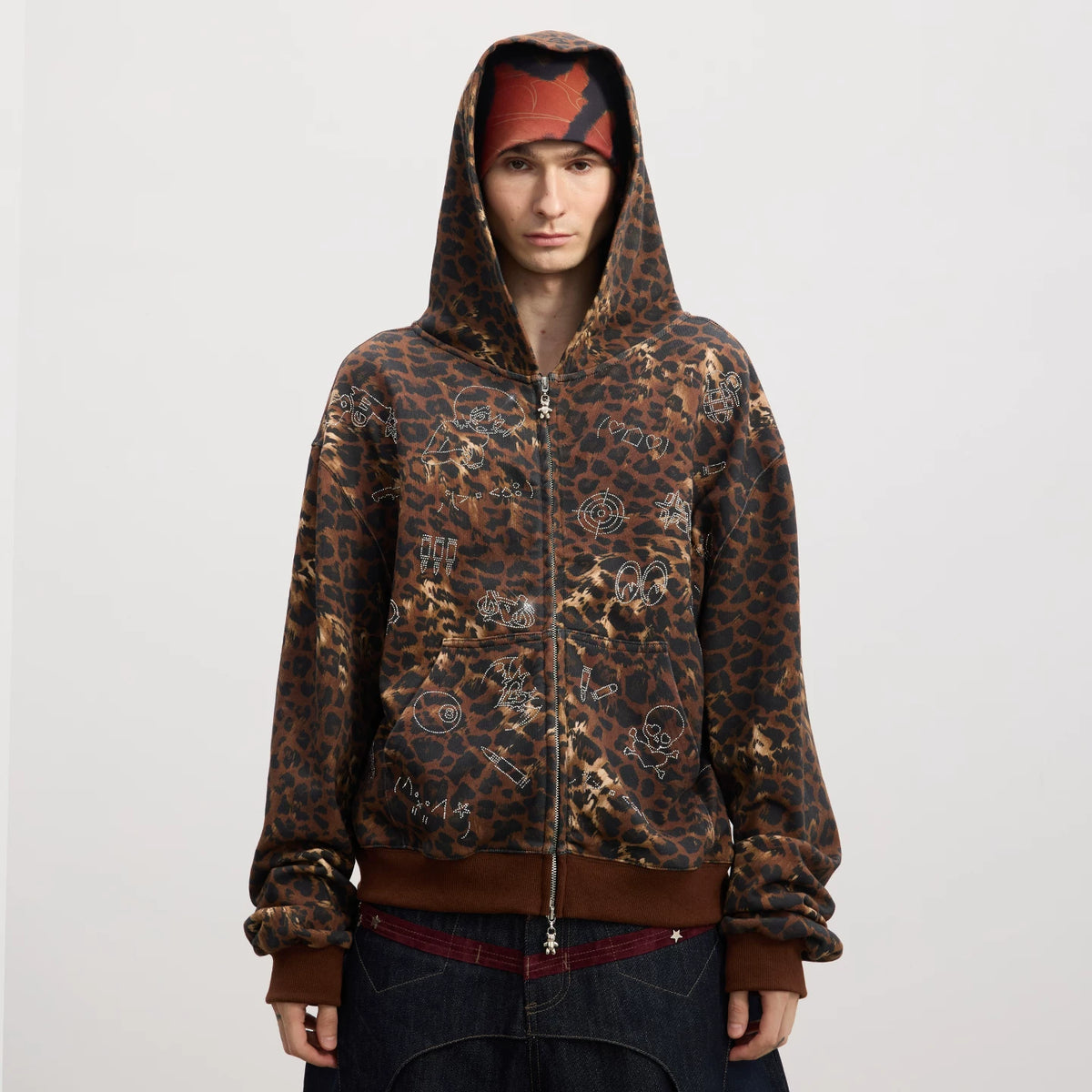 DND4DES original design American retro cartoon anime hot diamond teddy bear pendant leopard print hooded sweatshirt jacket