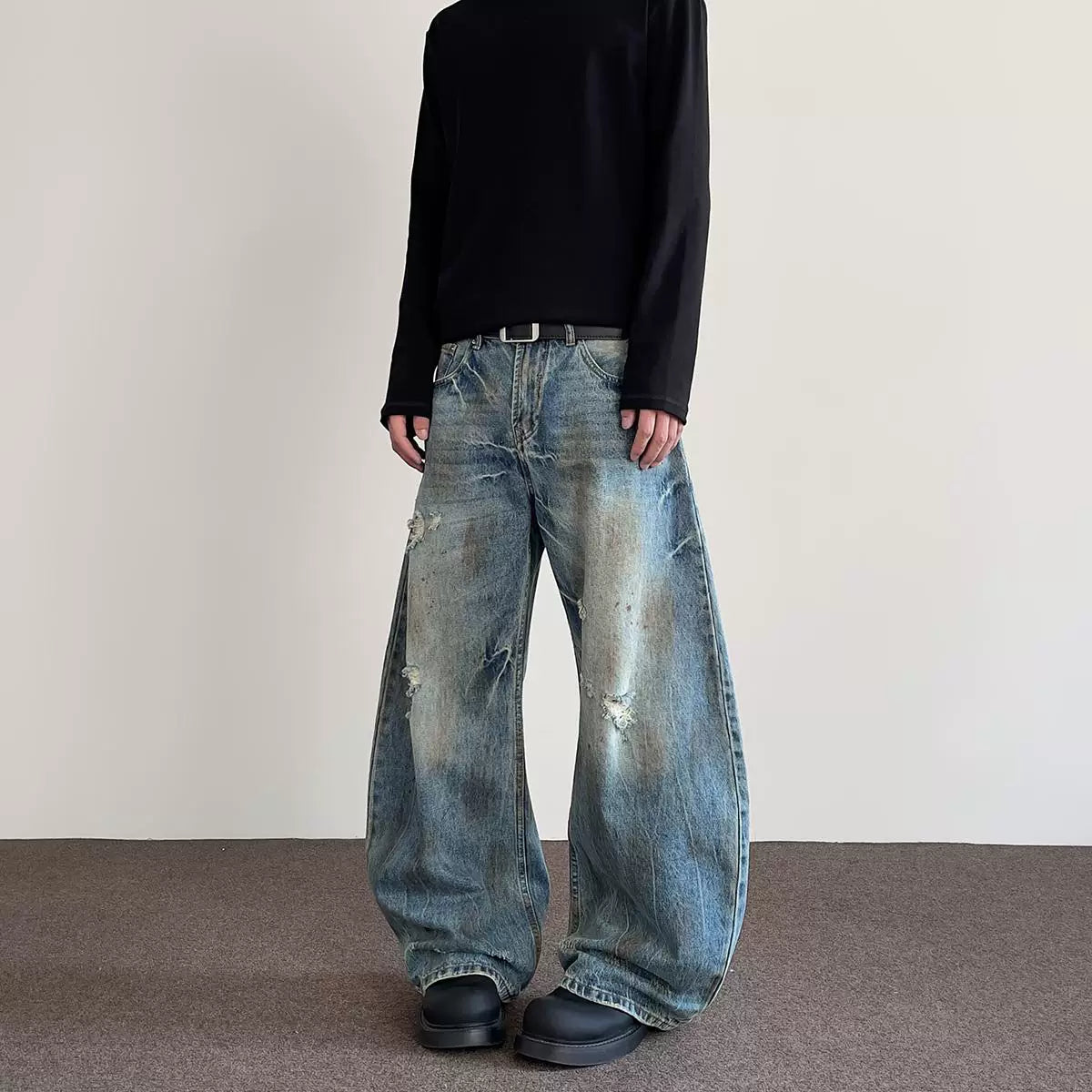 A PUEE American retro street distressed distressed jeans men's trendy straight leg slightly flared cleanfit curved knife pants