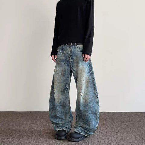 A PUEE American retro street distressed distressed jeans men's trendy straight leg slightly flared cleanfit curved knife pants