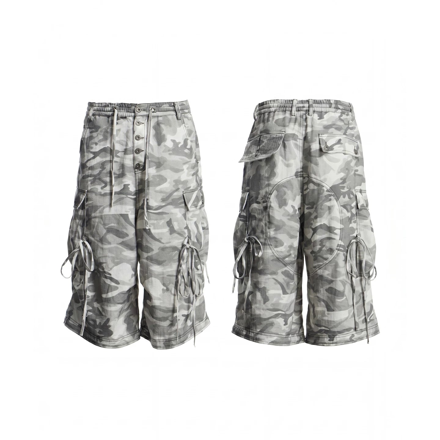 DND4DES hip-hop style street camouflage wide leg cropped pants with multiple pockets, loose straight leg linen shorts