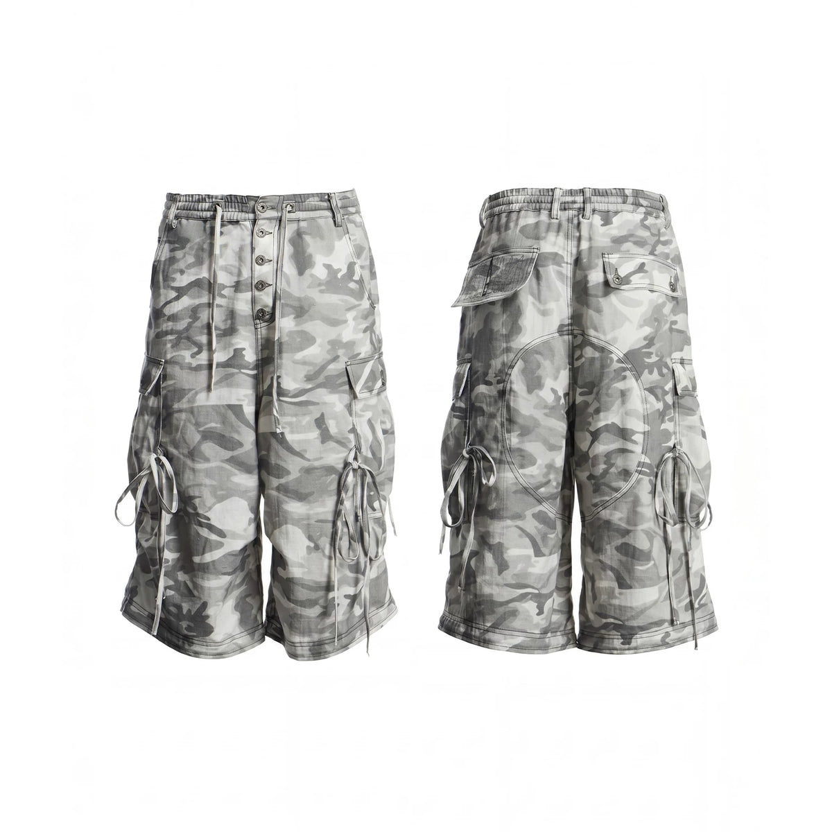 DND4DES hip-hop style street camouflage wide leg cropped pants with multiple pockets, loose straight leg linen shorts