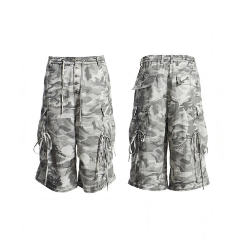 DND4DES hip-hop style street camouflage wide leg cropped pants with multiple pockets, loose straight leg linen shorts