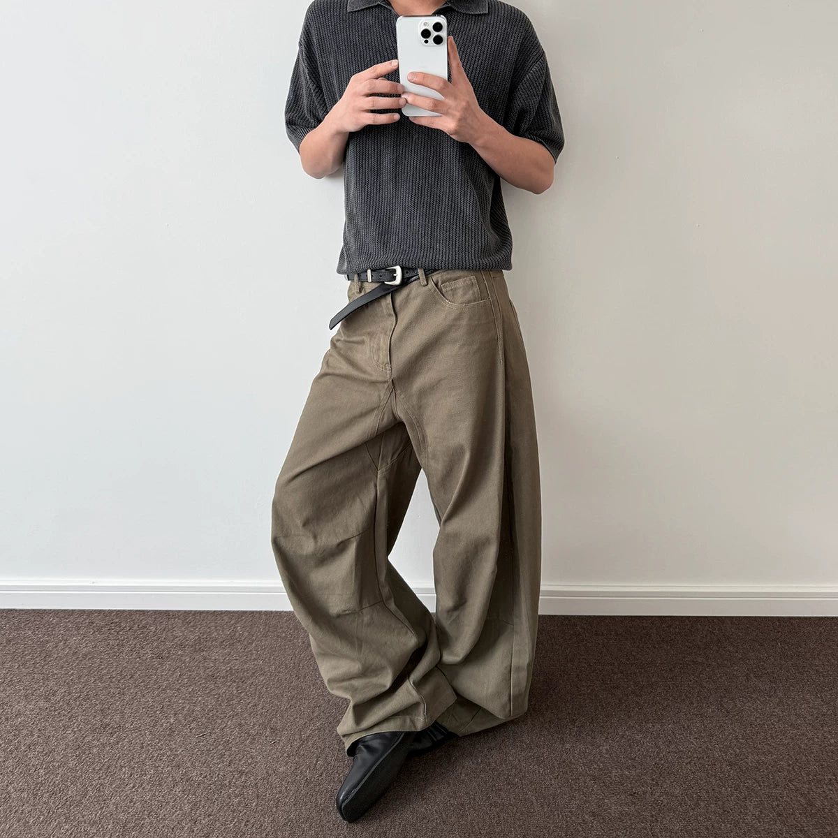 A PUEE American retro distressed pleated work pants men's trendy straight tube slightly flared slimming cleanfit curved knife pants