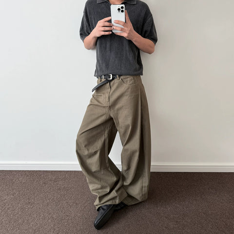 A PUEE American retro distressed pleated work pants men's trendy straight tube slightly flared slimming cleanfit curved knife pants