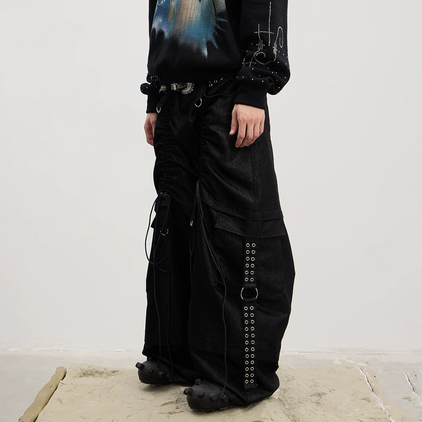 DND4DES original deconstruction design, ium Reebok pants with adjustable pleats, strap pockets, workwear jeans