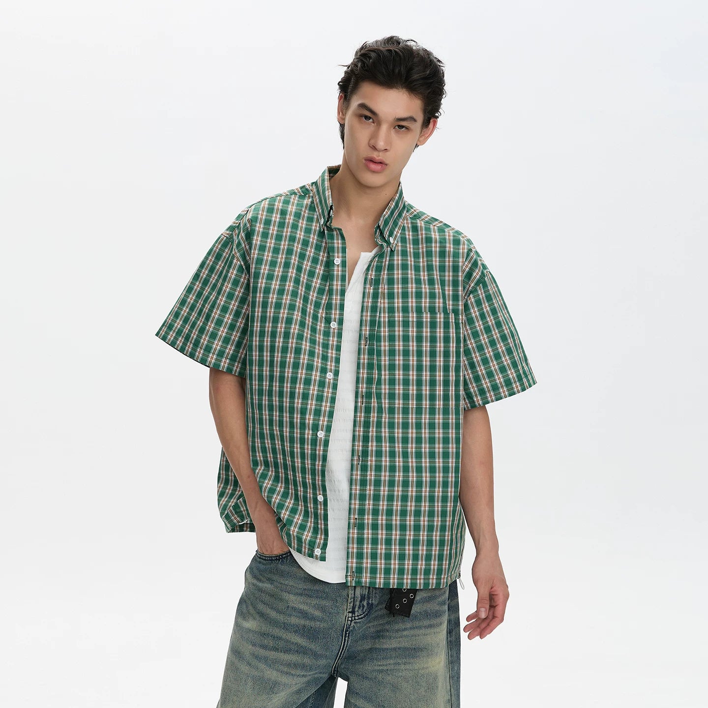 A PUEE American retro classic plaid shirt T-shirt for men and women casual commuting loose versatile shirt short sleeved summer
