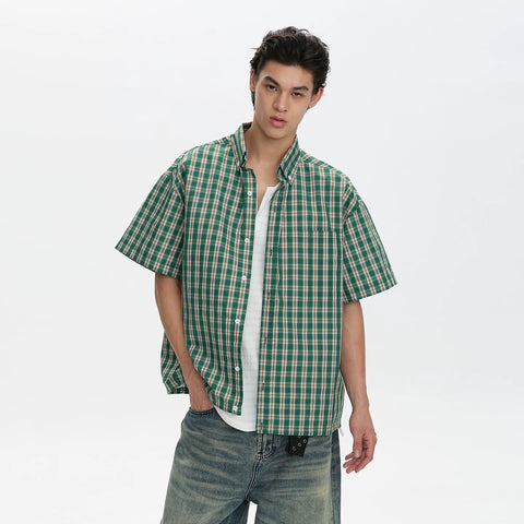 A PUEE American retro classic plaid shirt T-shirt for men and women casual commuting loose versatile shirt short sleeved summer
