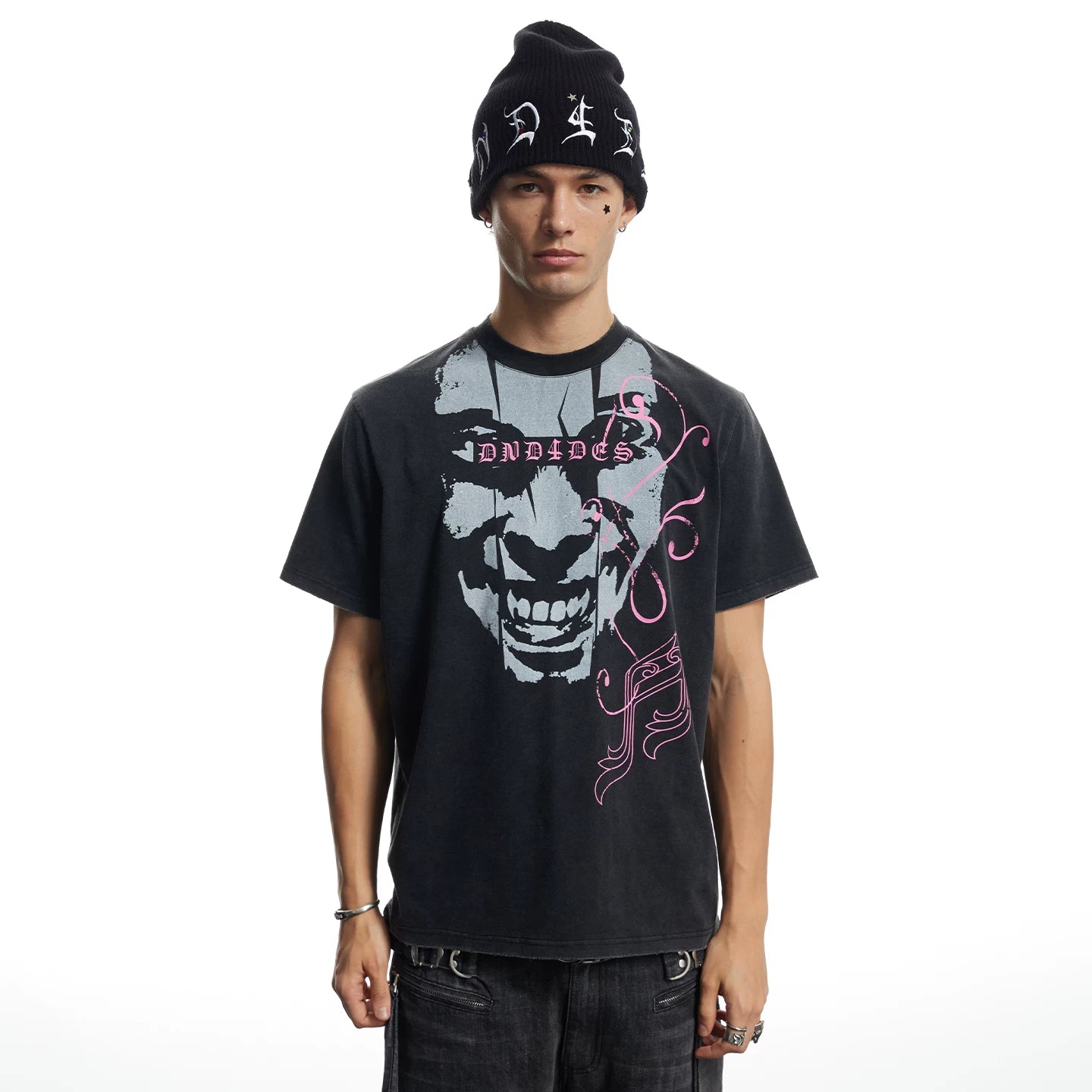 DND4DES American Street Heavy Industry Washed Old Dark Punk Note Portrait Loose Short sleeved T-shirt