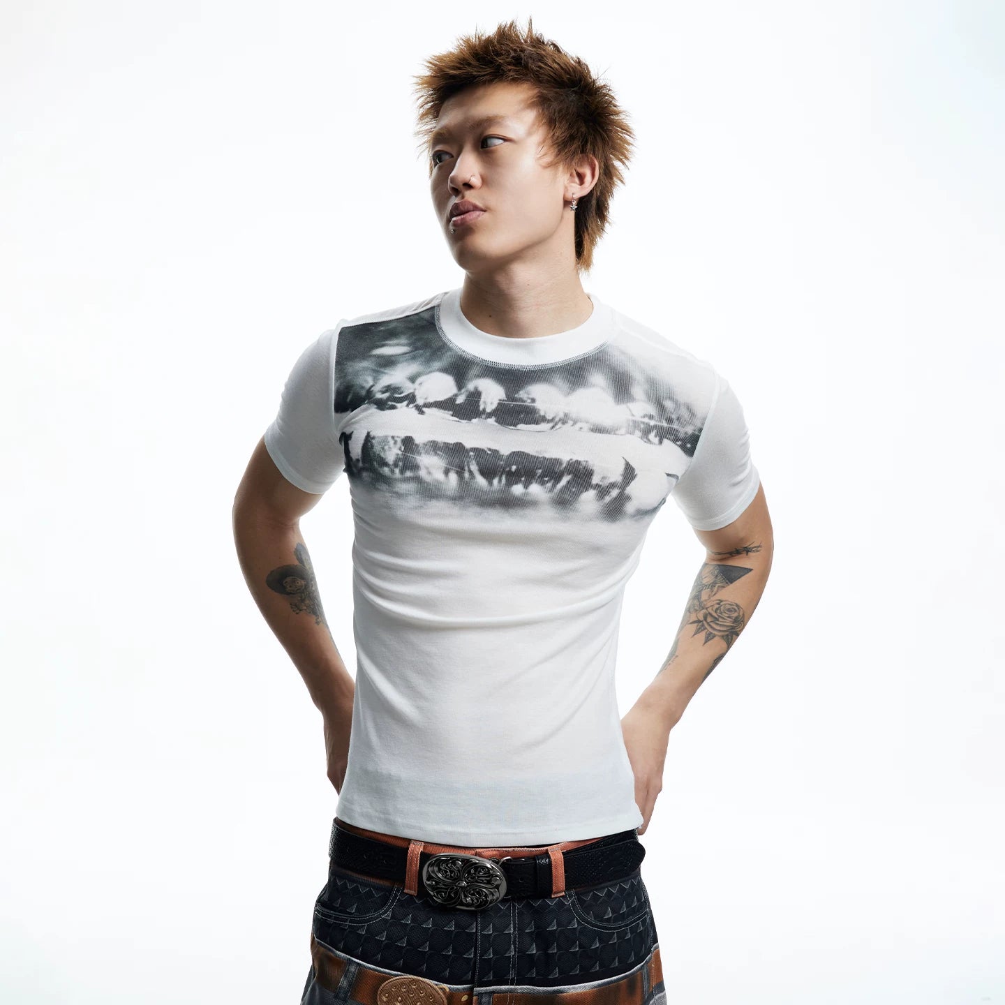DND4DES dental drill opium dark tight print elastic slim fit wool blend inner bottom short sleeved T-shirt