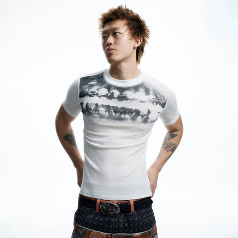 DND4DES dental drill opium dark tight print elastic slim fit wool blend inner bottom short sleeved T-shirt