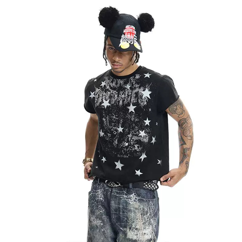 Wang Heye The same DND4DES original dark punk star print curled shoulder T-shirt American slim short sleeve