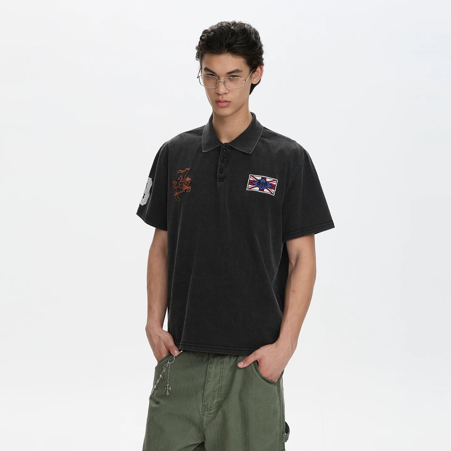 A PUEE American retro vintage vintage vintage vintage embroidered short sleeved polo shirt for men and women, stylish street style short top