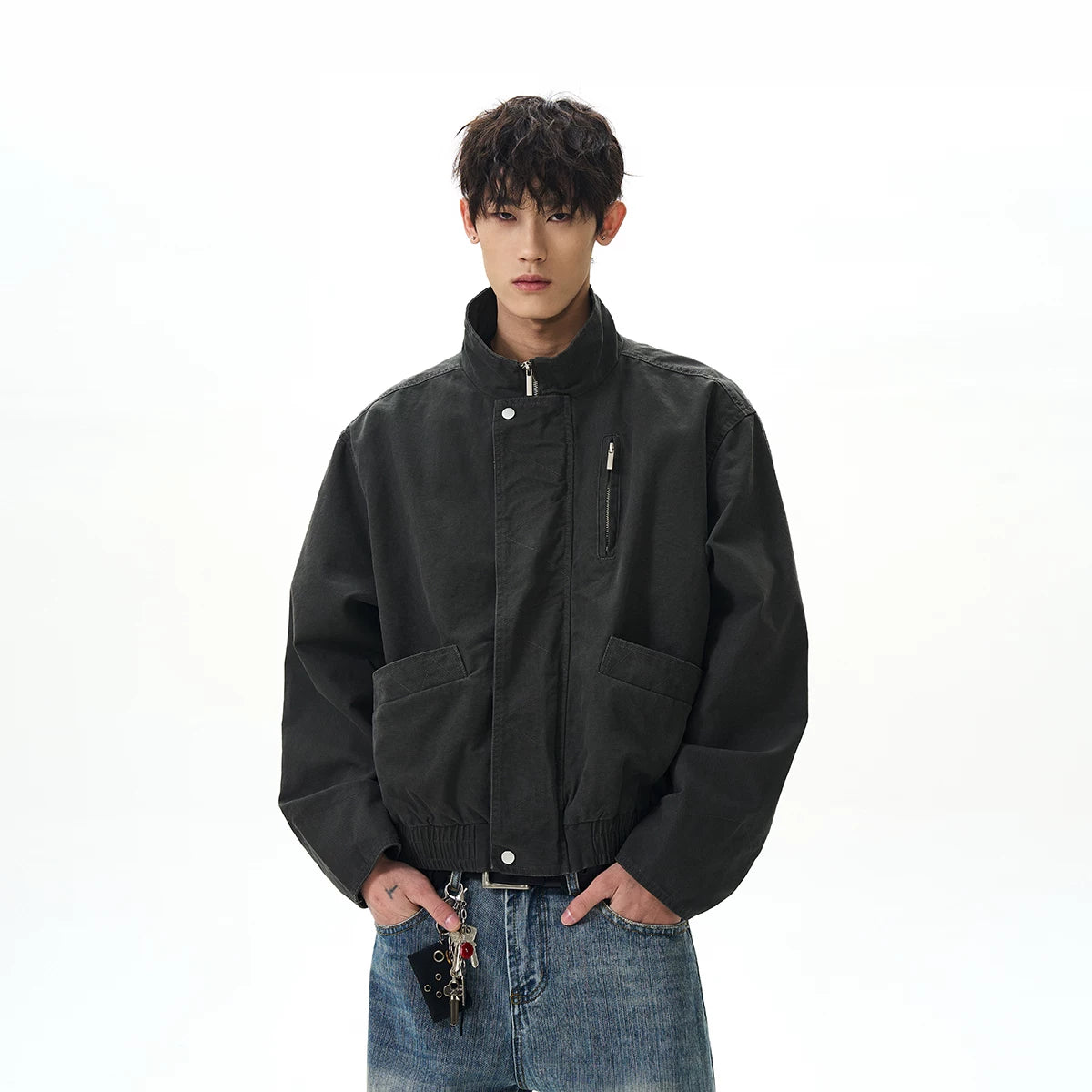 A PUEE American retro bomber standing collar pilot jacket men's and women's boxy short Barn style workwear jacket