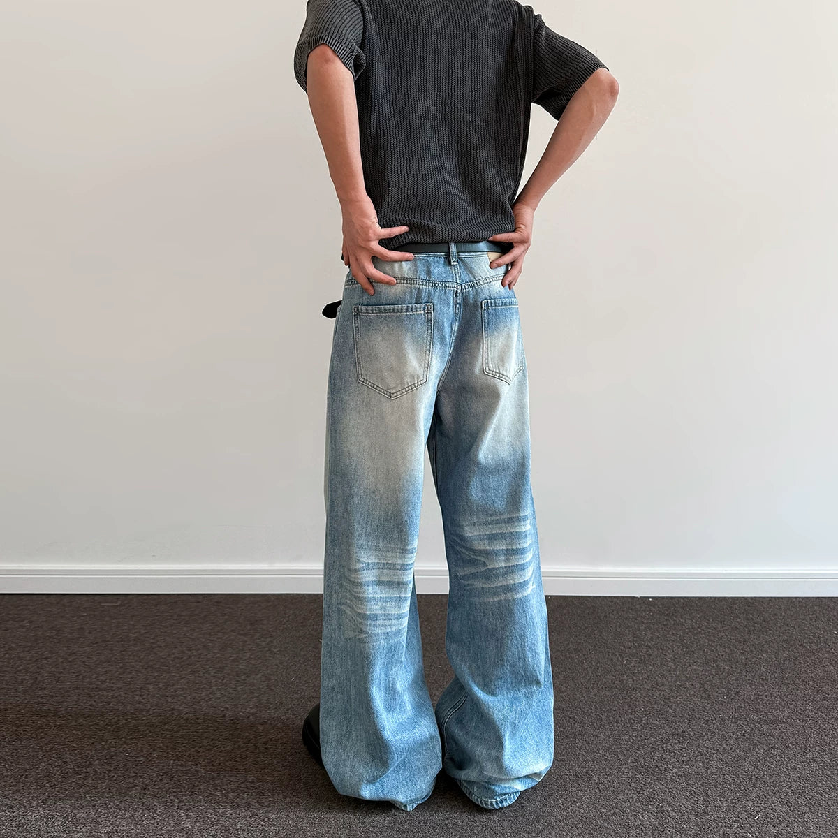 A PUEE American retro cleanfit cat whisker distressed washed jeans men's trendy straight leg micro flared versatile pants