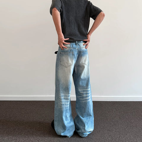 A PUEE American retro cleanfit cat whisker distressed washed jeans men's trendy straight leg micro flared versatile pants