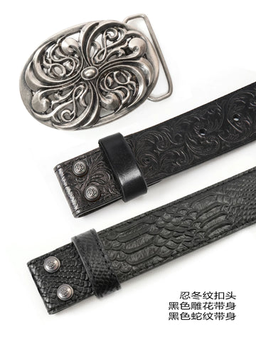 DND4DES Ding Yuxi's retro honeysuckle pattern carved belt, heavy-duty head layer cowhide leather belt, waist belt