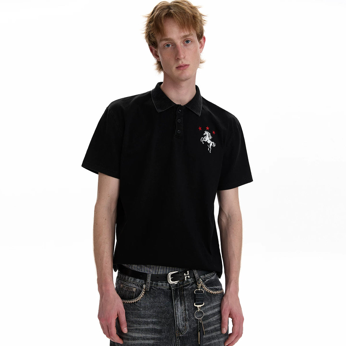 A PUEE Year of the Horse Embroidered Design Polo Shirt Short Sleeve Men's and Women's Vintage Vintage Vintage Short Style Collar Top Summer
