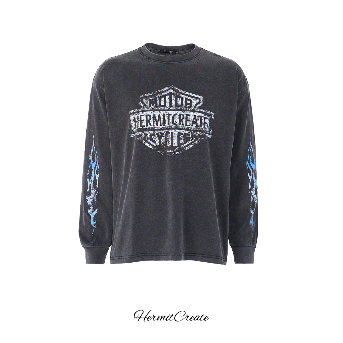 HC/HermitCreate washed printed long sleeved T-shirt badge flame print vintage trend