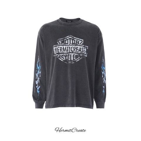 HC/HermitCreate washed printed long sleeved T-shirt badge flame print vintage trend