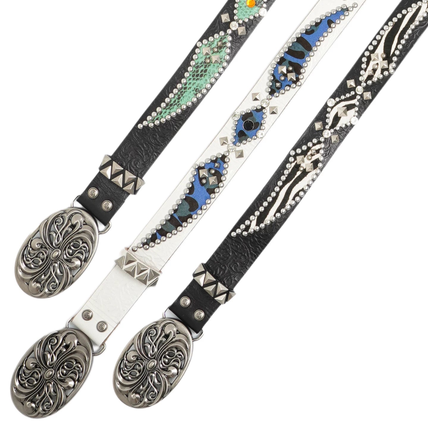 DND4DES Retro Honeysuckle Pattern Carving Western Nail Diamond Contrast Splicing Belt Heavy duty Head Layer Cowhide Belt