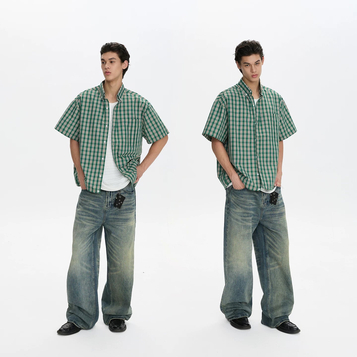 A PUEE American retro classic plaid shirt T-shirt for men and women casual commuting loose versatile shirt short sleeved summer