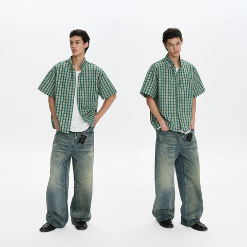 A PUEE American retro classic plaid shirt T-shirt for men and women casual commuting loose versatile shirt short sleeved summer