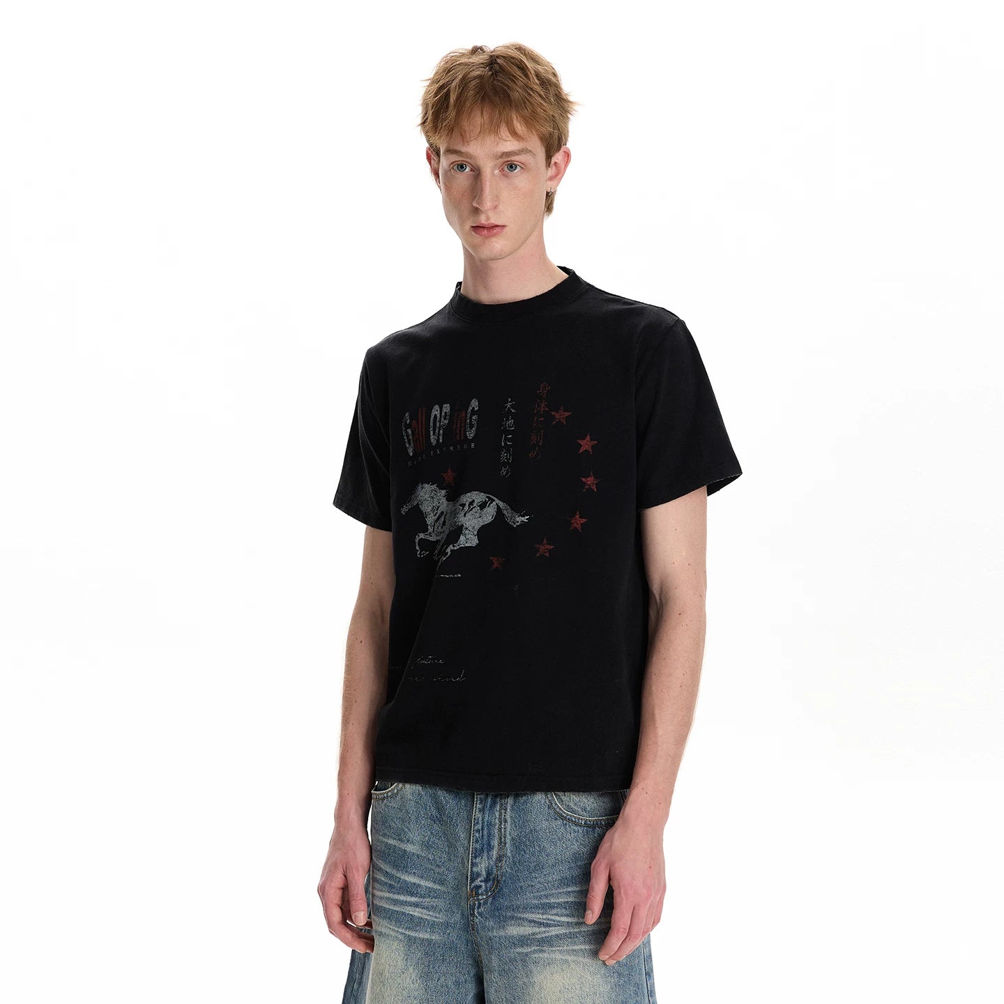A PUEE Retro Fading Horse Year Printed Short sleeved T-shirt Cleanfit Commuter Versatile Shoulder Short Top Summer