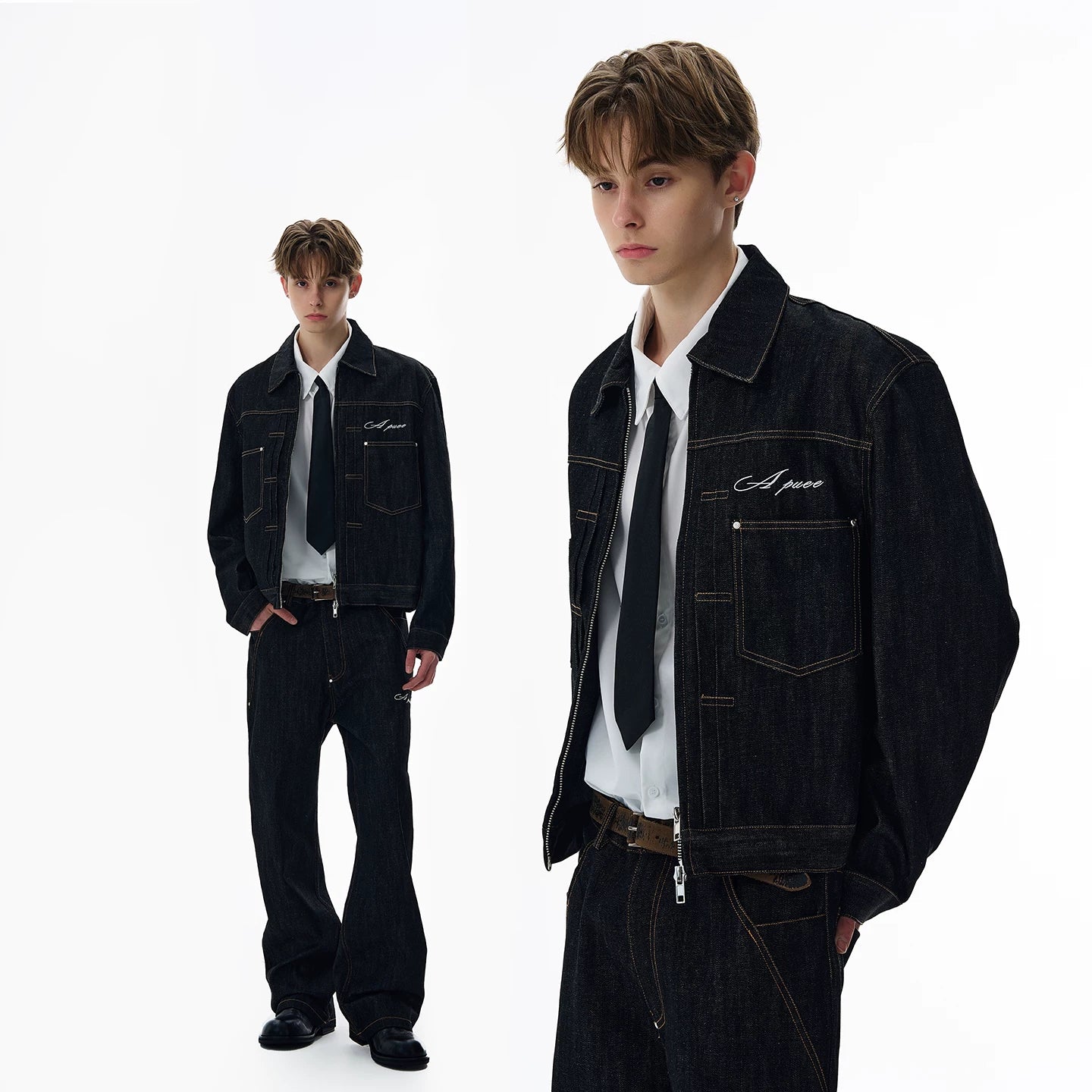 A PUEE American retro silhouette denim original color denim jacket set, clean fit, cool and loose fit jacket trendy