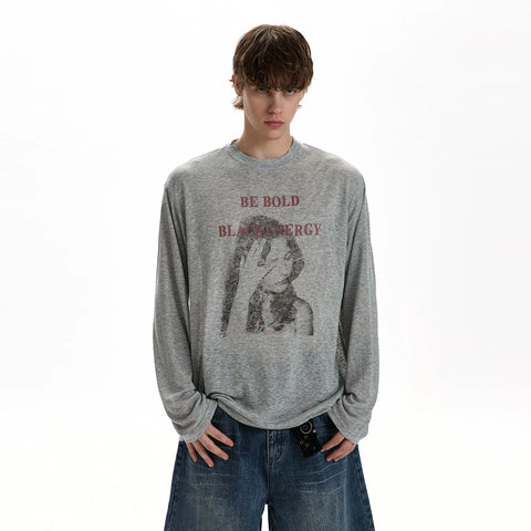 A PUEE retro vintage character letter printed long sleeved T-shirt, cool and loose casual versatile top, cover up, trendy