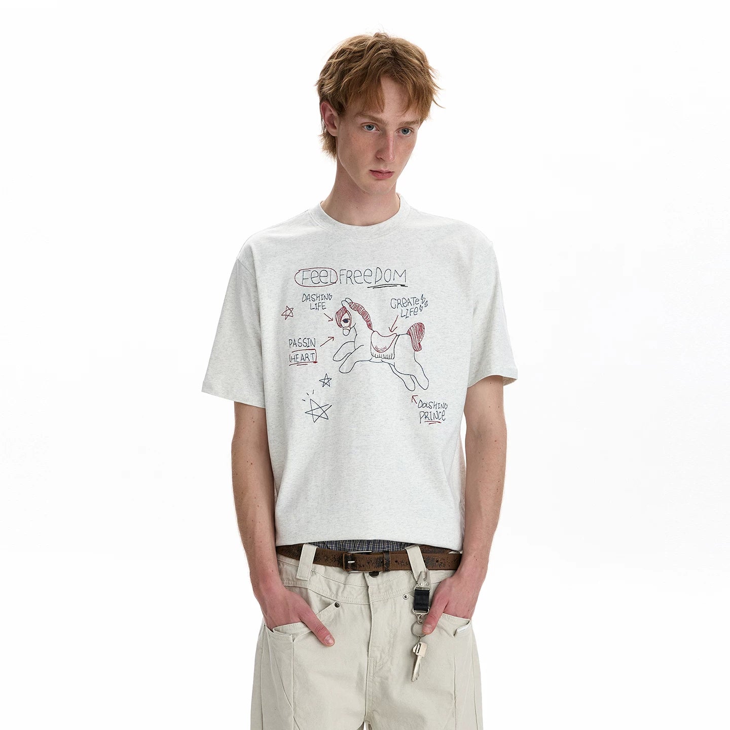 A PUEE Retro Casual Year of the Horse Line Embroidered Short Sleeve T-shirt Boxy Version Short Style Versatile Couple Top Summer