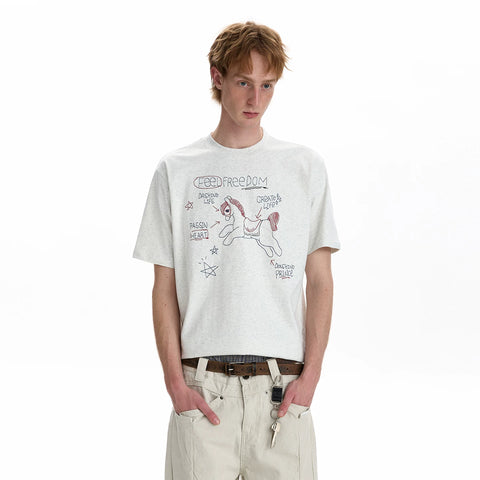 A PUEE Retro Casual Year of the Horse Line Embroidered Short Sleeve T-shirt Boxy Version Short Style Versatile Couple Top Summer