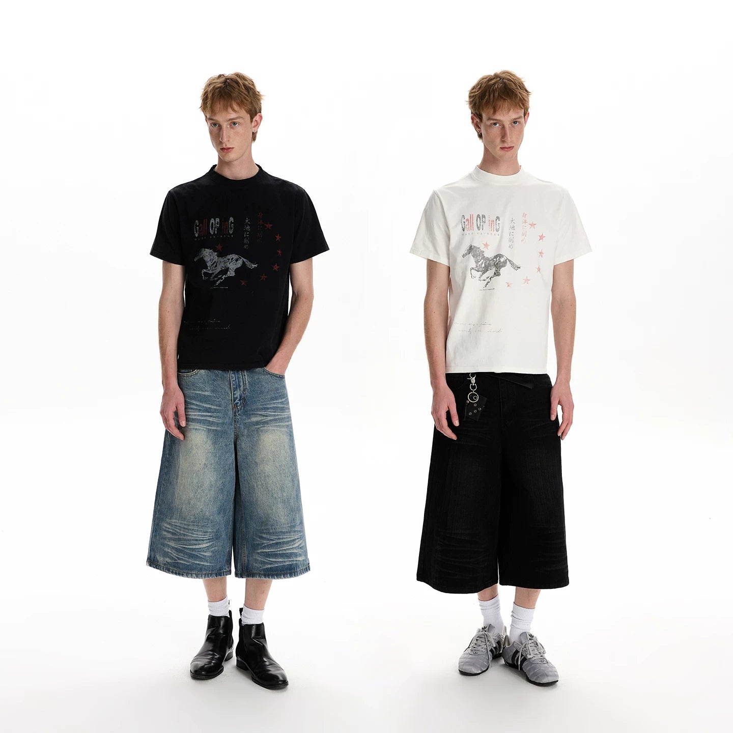 A PUEE Retro Fading Horse Year Printed Short sleeved T-shirt Cleanfit Commuter Versatile Shoulder Short Top Summer