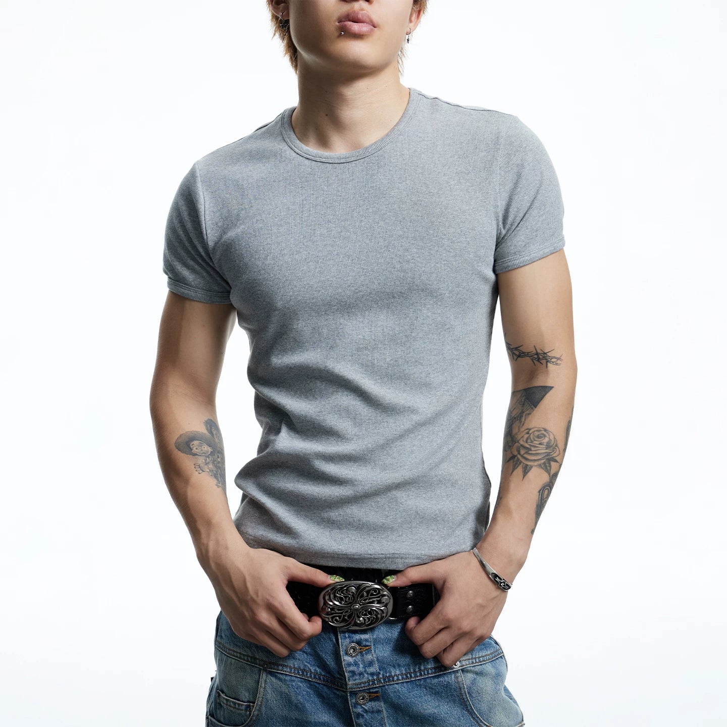 DND4DES American Street Hip Hop Rap Elastic Basic Tight Fit Thread T-shirt Short Sleeve Base