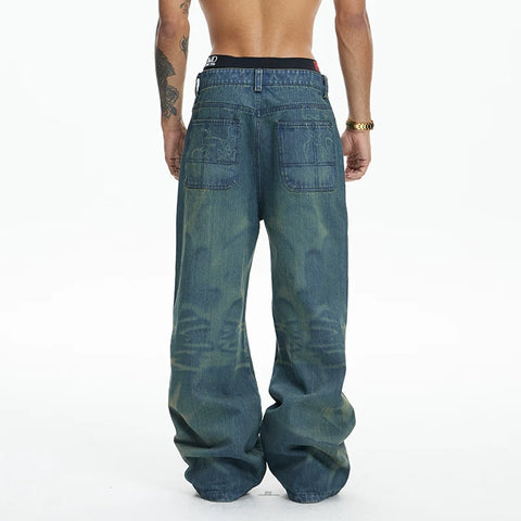 DND4DES American retro laser burned flower washed distressed bamboo striped jeans straight tube micro flared 2021M version