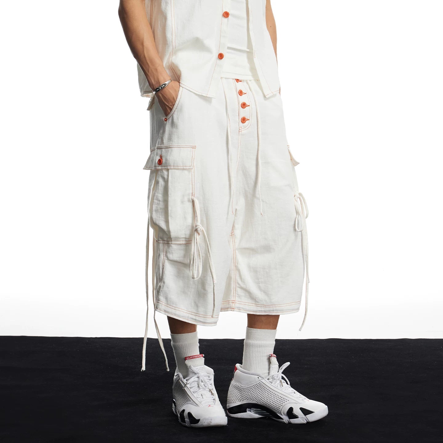 DND4DES cleanfit casual linen wide leg pants with multiple pockets and a hanging feel straight leg cropped shorts for commuting