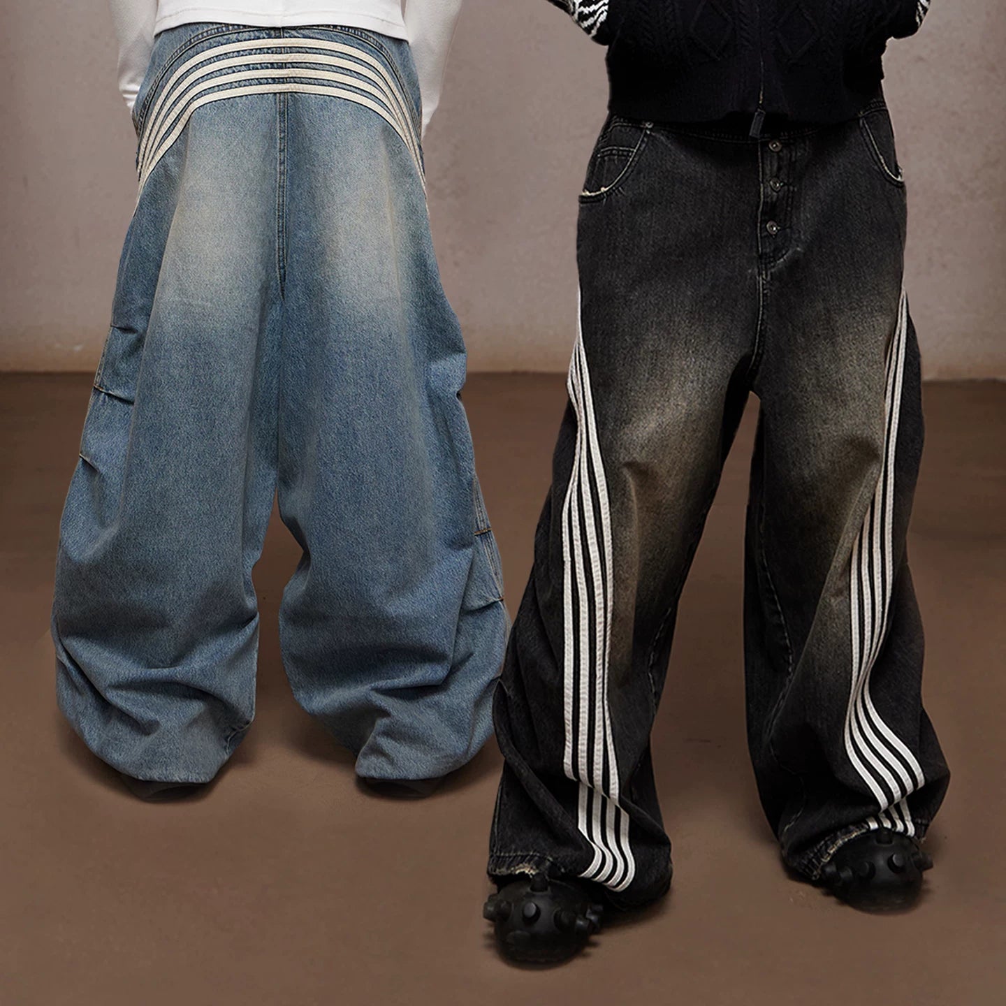 DND4DES Chen Sihan's same American retro heavy-duty washed distressed pleated striped patchwork wide leg jeans