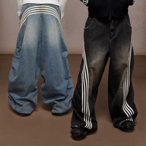 DND4DES Chen Sihan's same American retro heavy-duty washed distressed pleated striped patchwork wide leg jeans