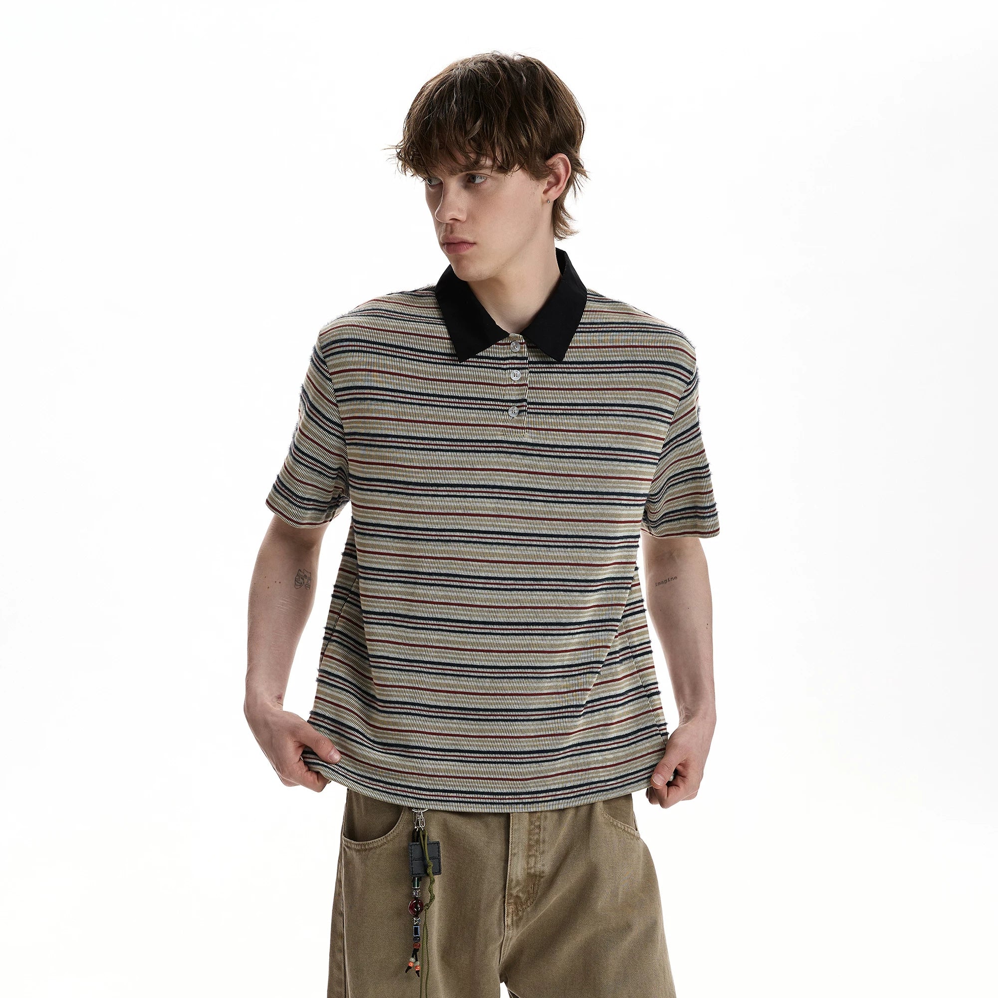 A PUEE retro vintage vintage style striped polo shirt short sleeved T-shirt for men and women boxy short commuting loose top summer