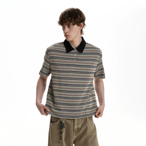 A PUEE retro vintage vintage style striped polo shirt short sleeved T-shirt for men and women boxy short commuting loose top summer