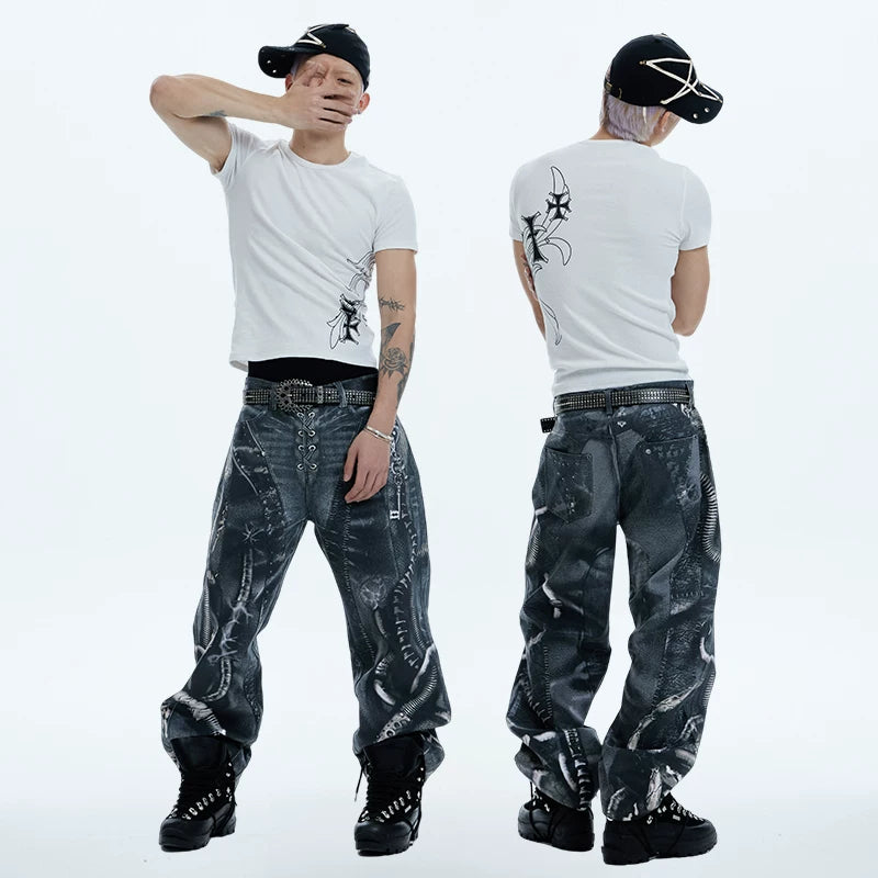 DND4DES trendy elastic short sleeved T-shirt with American hip-hop style printed slim fit polyester mixed cotton breathable suitable for young people