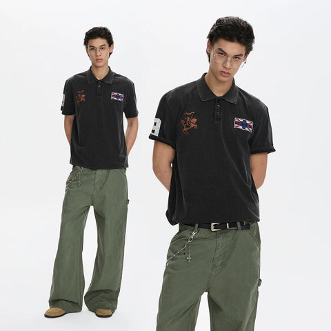 A PUEE American retro vintage vintage vintage vintage embroidered short sleeved polo shirt for men and women, stylish street style short top