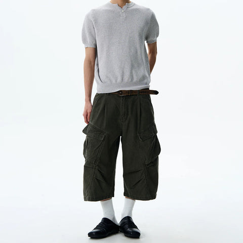 A PUEE American retro vintage vintage distressed large pocket workwear shorts for men and women, high intelligence loose cropped pants