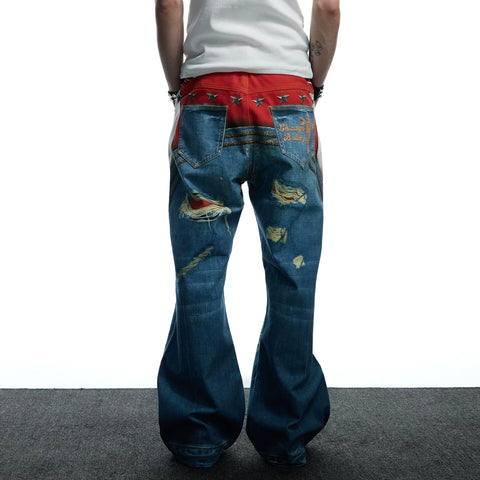 DND4DES Wang Sulong's original American style 3D printed leopard print perforated straight leg micro flared jeans and pants